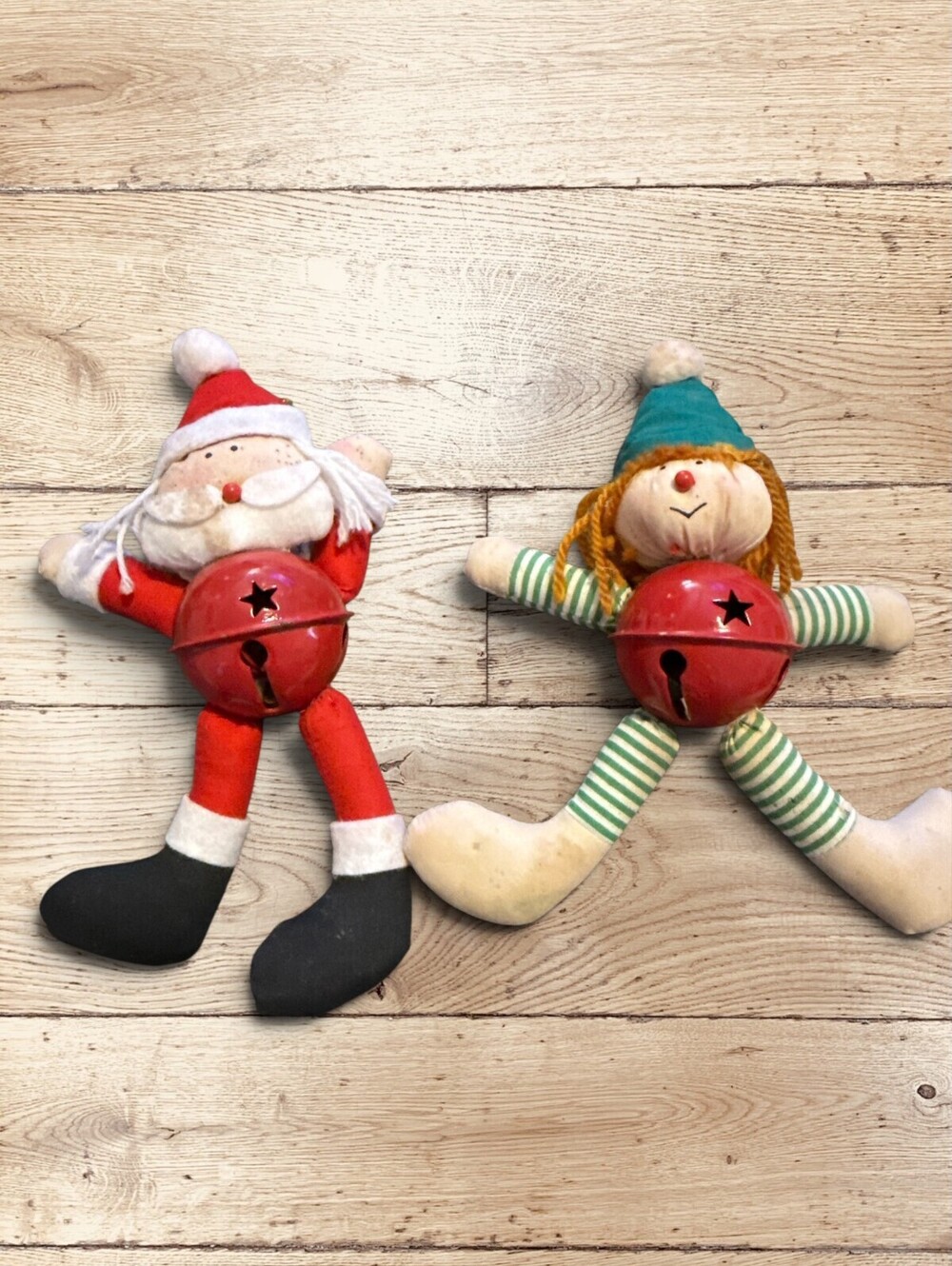 Vintage Santa Elf Jingle Bell Ornaments Pair Kitschmas Primitive Christmas